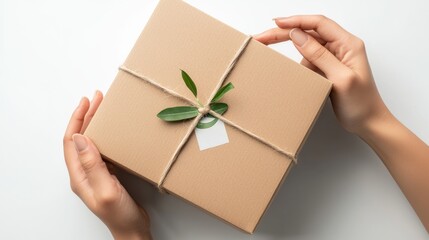 Hands Holding a Brown Kraft Paper Gift Box with Twine and Green Leaves