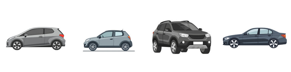 Car selection showing different types on a white background for transport isolated on white or transparent