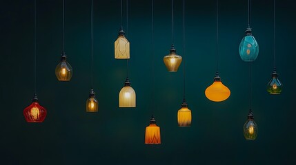 Fototapeta premium Collection of Handblown Glass Pendant Lights Against a Deep Teal Background AI Generated