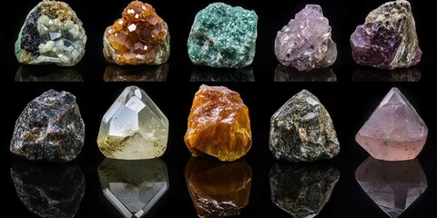A collection of high-end gemstones, each reflecting different colors and textures