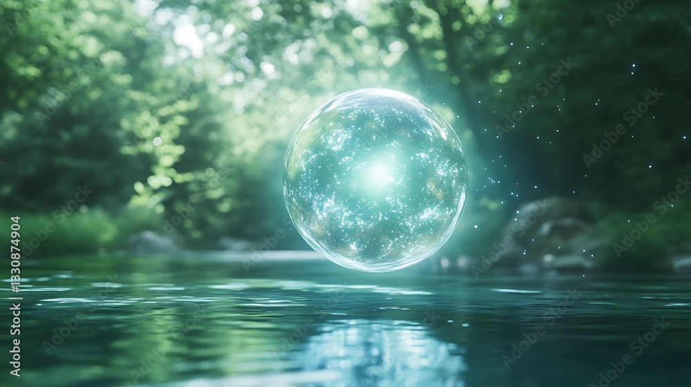 Poster Glowing orb floating above water surrounded by lush greenery in a serene natural setting.