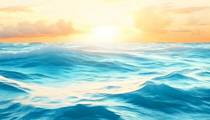 Obraz premium Serene ocean waves at sunset, idyllic seascape, tranquil water, golden hour light, summer vacation vibes.