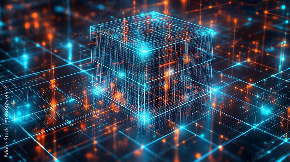 Poster Futuristic digital representation of a glowing cube surrounded by interconnected lines and vibrant data flows : Generative AI