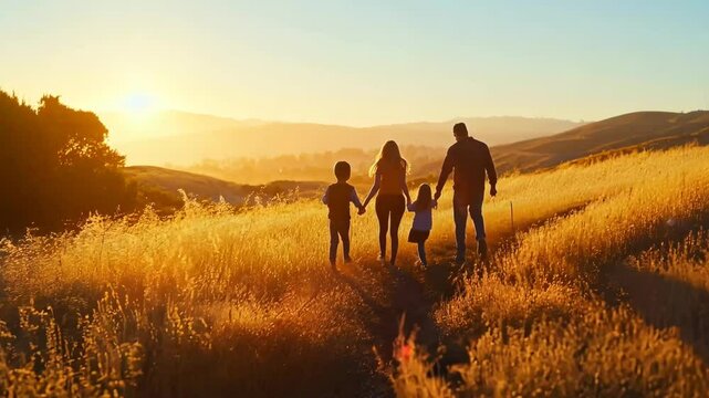 A beautiful moment of a family of four walking hand in hand through a golden field at sunset. The warm glow of the sun illuminates the landscape, creating a peaceful and nostalgic atmosphere