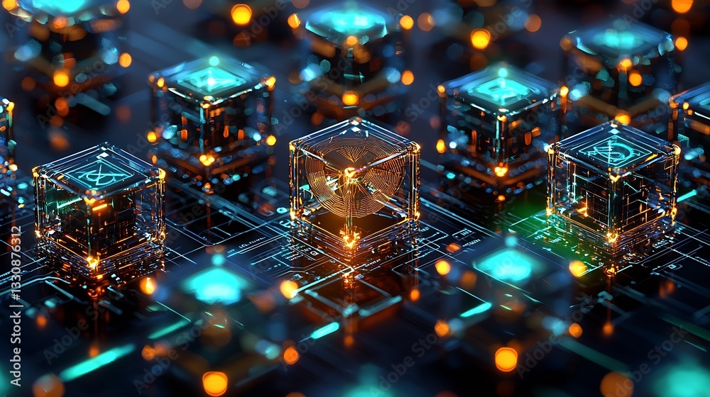 Poster Futuristic close-up of luminous tech cubes glowing on a circuit board creating a digital landscape : Generative AI