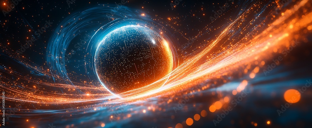 Poster stunning digital artwork of a planet surrounded by vibrant lights and cosmic elements in a mesmerizi