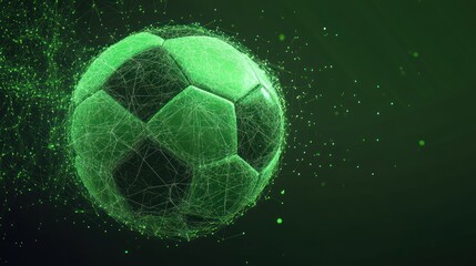 Fototapeta premium Abstract green soccer ball, digital design, dark background, particles