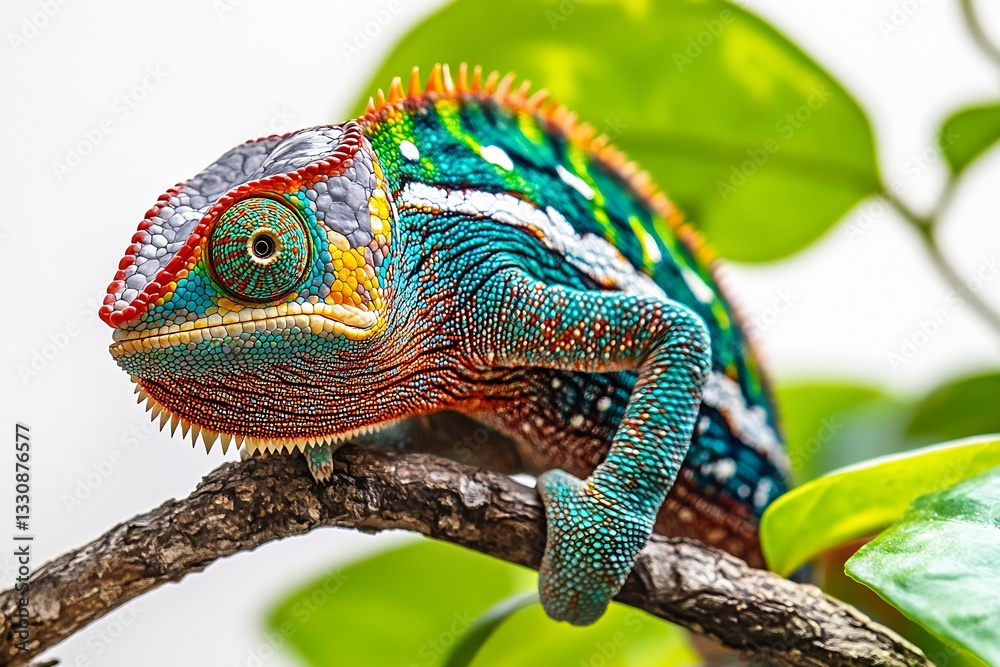 Poster Colorful close-up of a chameleon blending in with foliage showcasing its vibrant scales and features : Generative AI