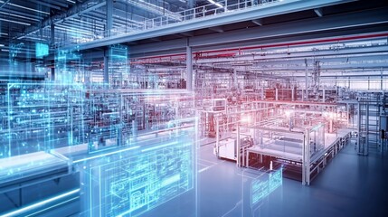Fototapeta premium Advanced Manufacturing: Futuristic Factory with Digital Interface Overlays