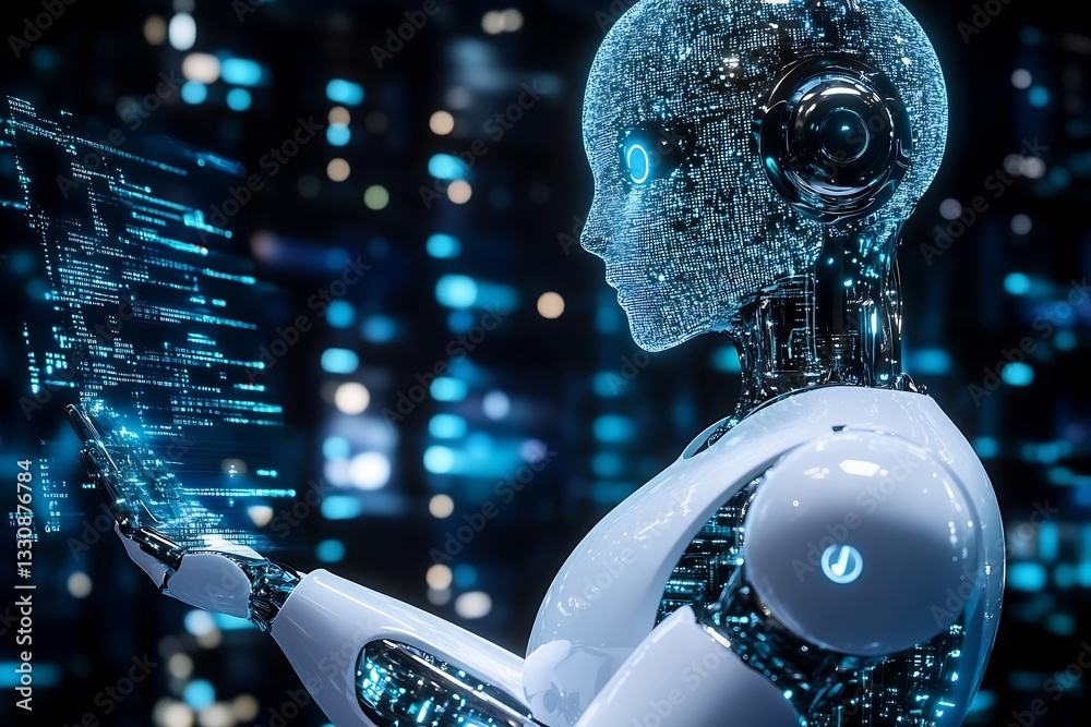 Poster Futuristic robot analyzing data on a digital display in a high-tech urban environment with glowing lights : Generative AI