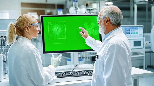 Scientific Collaboration: A scientist and colleague, in lab coats and safety glasses, analyze data on a monitor, indicating groundbreaking research and innovation in a high-tech laboratory setting. 