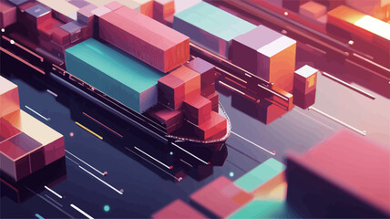 The image is a stylized, abstract digital illustration depicting a cargo ship surrounded by colorful, geometrically shaped containers. The colors are vibrant and saturated, with shades of red,