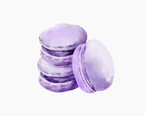 Watercolor illustration of purple macarons. A stack of elegant French cookies with a delicate texture, filled with a creamy filling. Perfect for bakery designs, desserts, and food-related concepts.