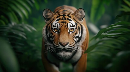 Fototapeta premium Photograph of a powerful tiger stalking and prowling through a dense lush jungle environment surrounded by dense foliage and vegetation The tiger s intense