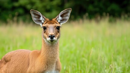 Fototapeta premium A calm and observant kangaroo grazing on lush green grass in an open picturesque field or meadow in a natural rural landscape