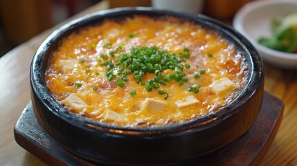 Cheesy Tofu Dish in Clay Pot, Restaurant Setting, Side Dishes Visible
