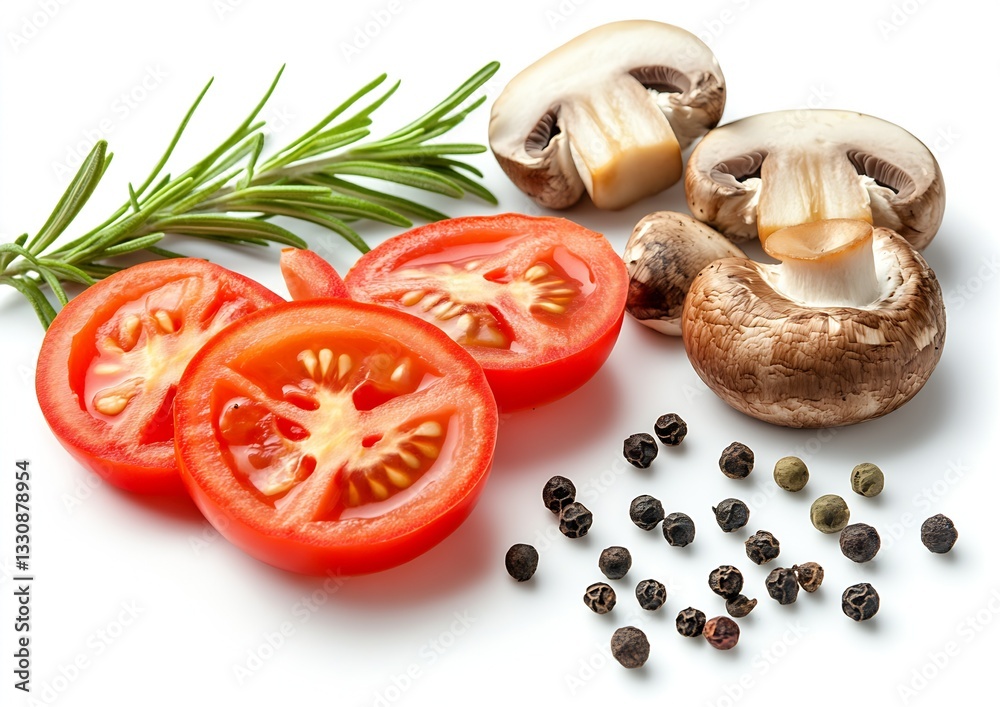 Poster freshly sliced tomatoes with mushrooms and green herbs on a white background for cooking preparation