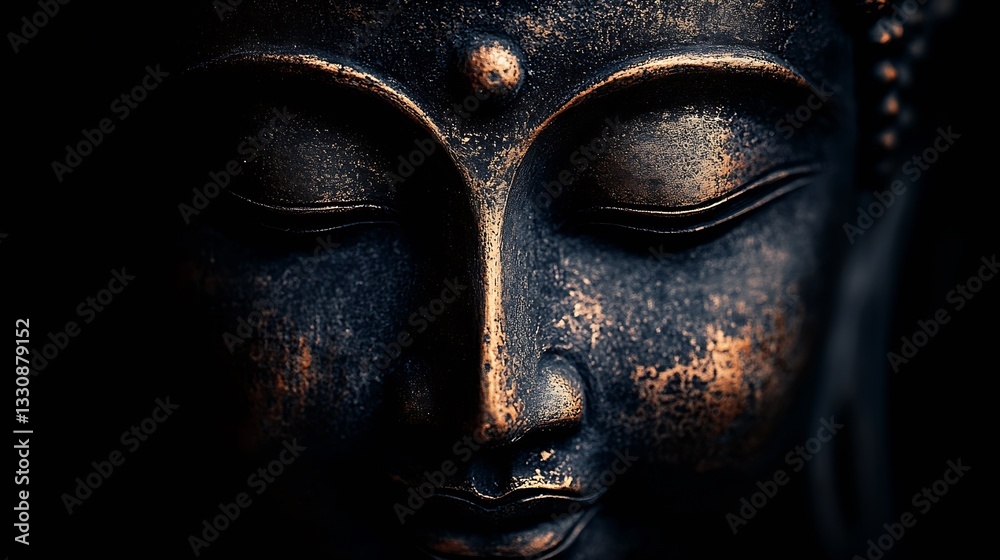 Aufkleber Close up view of a serene Buddha statue highlighting intricate facial features and textures of bronze material : Generative AI