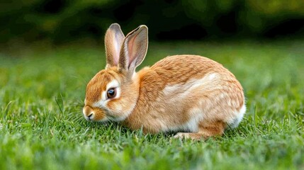 Fototapeta premium A hare with its long ears and alert eyes carefully nibbling on the lush green grass in a peaceful meadow surrounded by a natural landscape
