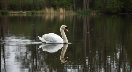 Naklejka premium Graceful swan glides serenely across calm dark water reflecting tranquil forest.. AI Generated