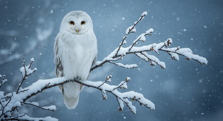Snowy owl serenely perched snow-covered branch winter wonderland soft light. AI Generated