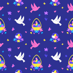 Easter seamless pattern with basket of eggs, birds and flowers on dark blue background,. Vector illustration in modern flat style, Great for Easter design, wrapping paper, fabric, textiles, wallpapers