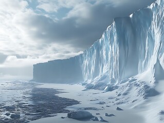 Tall and massive ice glaciers landscape with blue sky view under white cloudscape, tundra weather cold winter