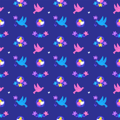Easter seamless pattern with birds and nest full of colorful eggs on dark blue background, Vector illustration in modern flat style, Great for Easter design, wrapping paper, fabric, textiles, wallpape
