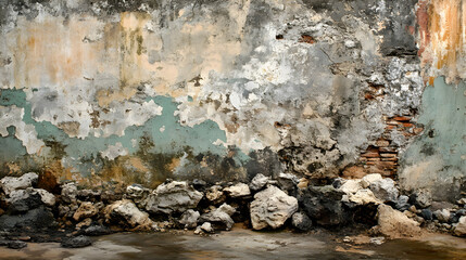 Fototapeta premium Weathered wall texture; aged stone and decaying plaster; background image for design projects.