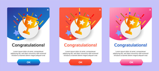 Set of Modern congratulations pop up banner with flat design on white background. Professional web design, full set of elements. User-friendly design materials. vector