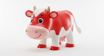 Cheerful red cartoon cow playfully poses against bright white background. AI Generated