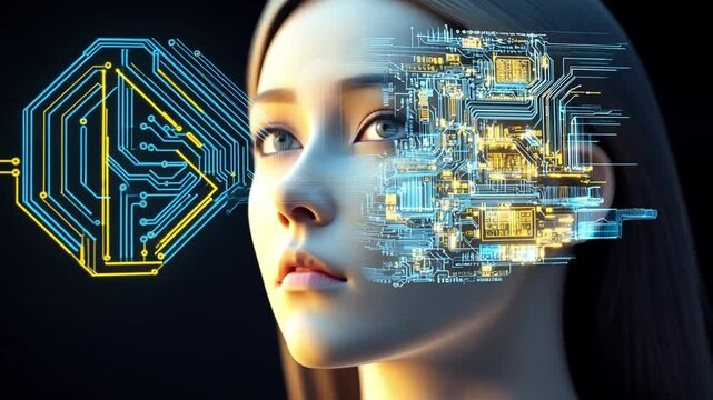 Mind-Machine Fusion: A portrait of a woman merges with intricate circuit board patterns, suggesting a powerful blend of human intellect and advanced technology.