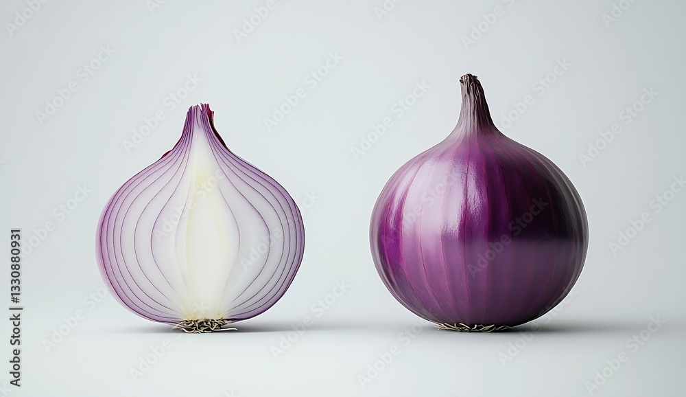 Poster freshly cut red onion halves showcase vibrant color and unique texture for culinary uses and photogr