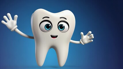 A cheerful cartoon tooth character with big blue eyes, waving happily against a smooth blue background, perfect for promoting dental health. - Powered by Adobe
