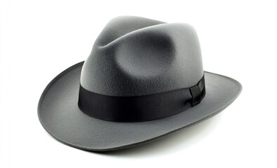 Elegant gray fedora hat with a black ribbon isolated on a white background : Generative AI