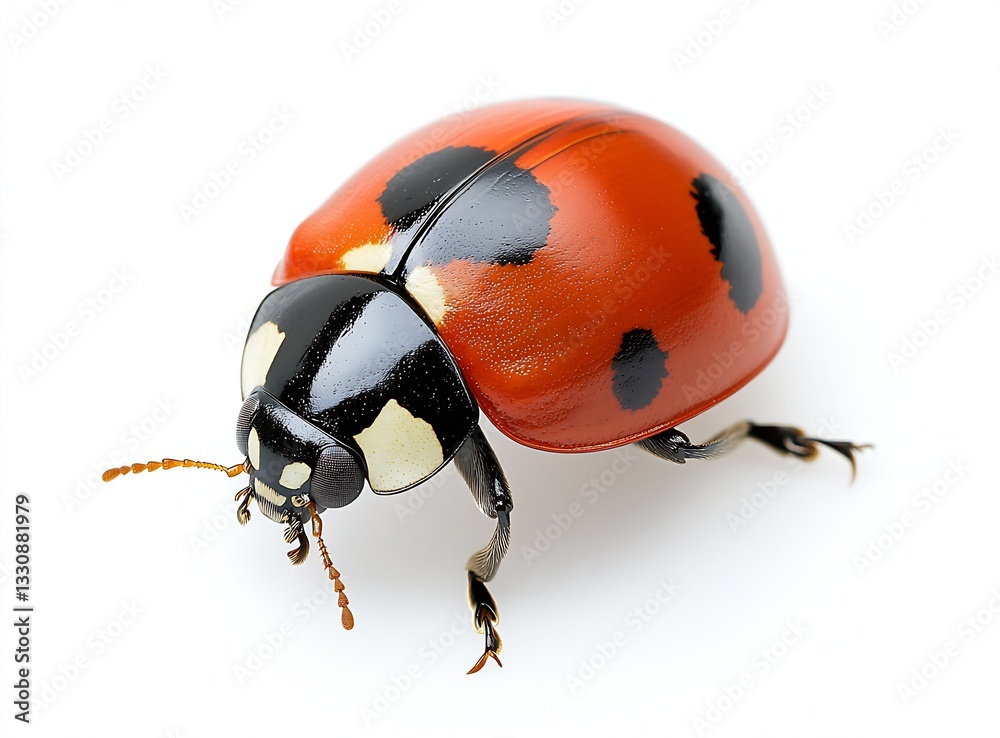 Poster Close up view of a vibrant red ladybug with distinctive black spots and white markings on its head : Generative AI