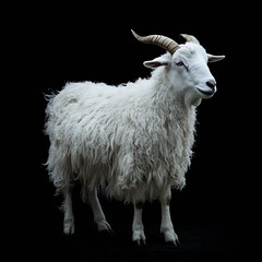 Fototapeta premium Dramatic image of a fluffy white goat against a dark background highlighting its majestic presence : Generative AI