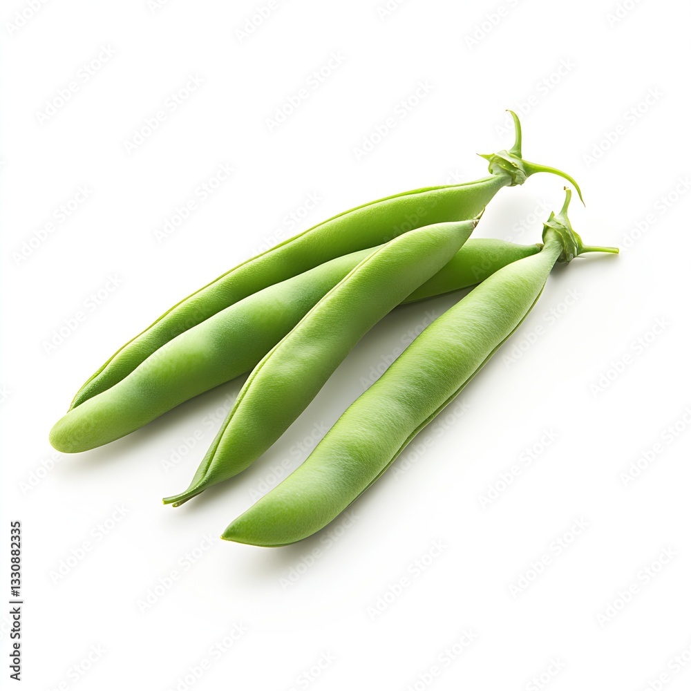 Poster three plump green beans resting on a smooth surface highlighting their fresh quality : generative ai