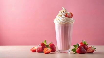 Delightful Strawberry Milkshake with Whipped Cream and Fresh Berries on a Pink Background