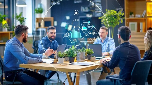 Strategic Meeting: Group of business professionals in the meeting with charts and graphs hovering in a futuristic, technology-infused setting, focused on data-driven strategies for optimal growth