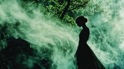 Fototapeta premium Mysterious Silhouette of a Woman Amidst Ethereal Green Smoke in a Dreamlike Forest Setting Evoking Enchantment and Intrigue