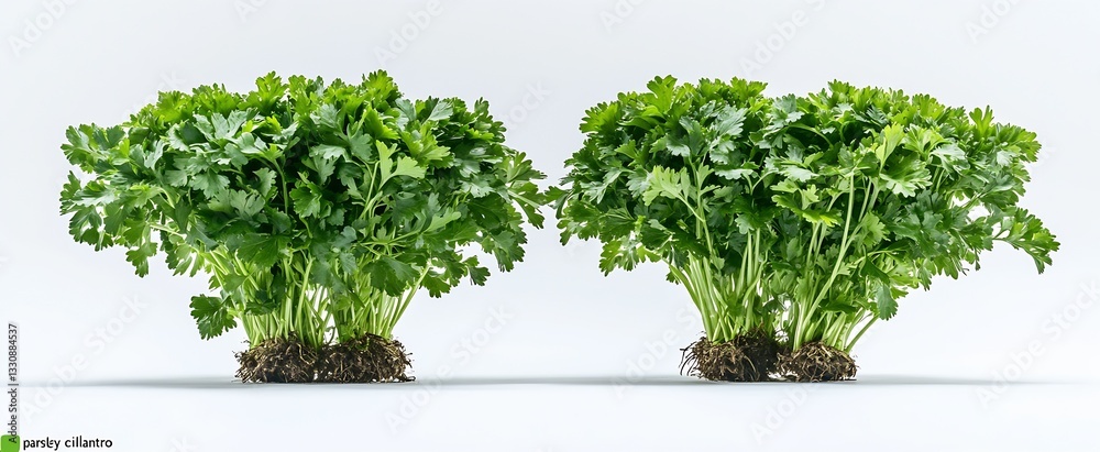 Poster Two robust cilantro plants with healthy roots displayed on a soft gradient background highlighting their freshness : Generative AI
