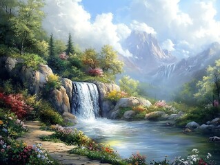 Fototapeta premium beautiful landscape painting of unique nature full of colorful flowers and plants with cloudy sky above