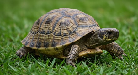 Tortoise Slowly Moves Across Lush Green Grass Under Soft Sunlight. AI Generated