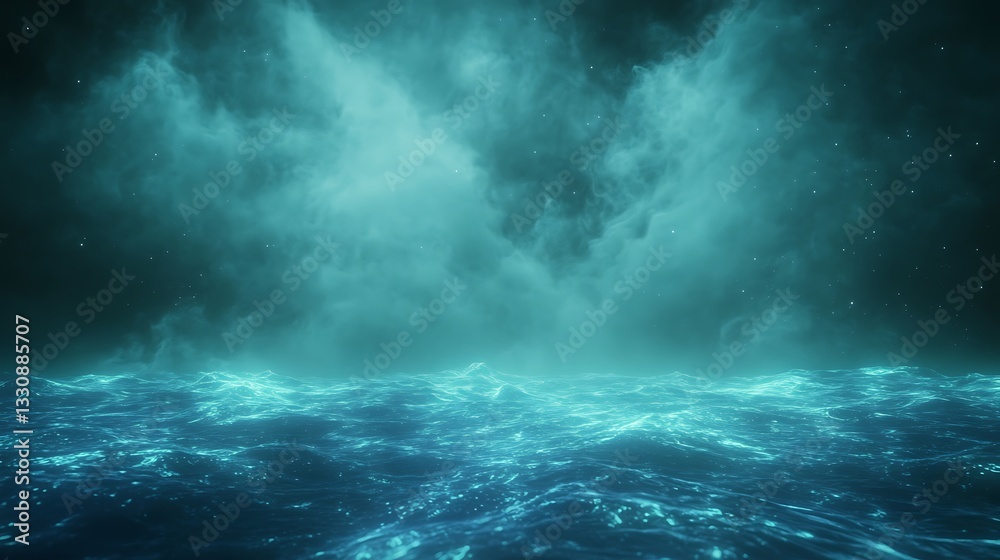Poster dark, moody ocean waves illuminated by ethereal light under a cloudy sky.