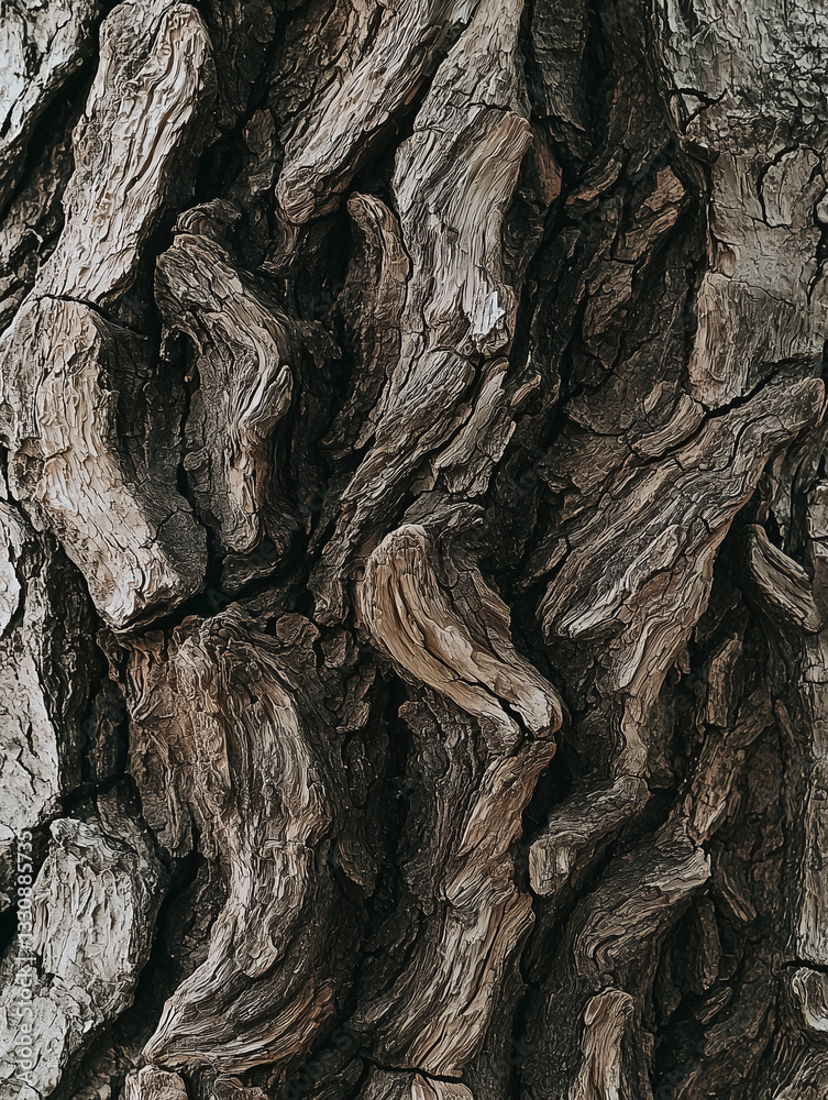 Poster detailed macro image of tree bark showcases rugged texture and intricate patterns of wood surface, highlighting natural beauty and complexity of tree exterior