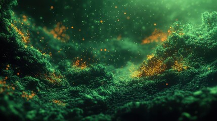 Obraz premium Ethereal Green Landscape with Glowing Particles and Mystic Atmosphere Perfect for Fantasy Themes and Digital Art Projects