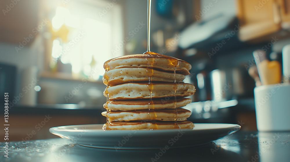 Poster stack of fluffy pancakes is drizzled with syrup in cozy kitchen setting, creating warm and inviting 
