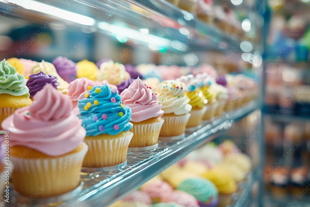 Leinwandbilder whimsical display of colorful cupcakes with vibrant frosting and sprinkles is showcased on glass shelf, creating delightful and inviting atmosphere in bakery setting