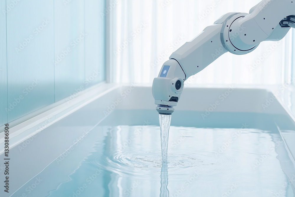 Poster robotic arm cleans minimalist bathroom with precision, using ai technology to manage water flow. sle
